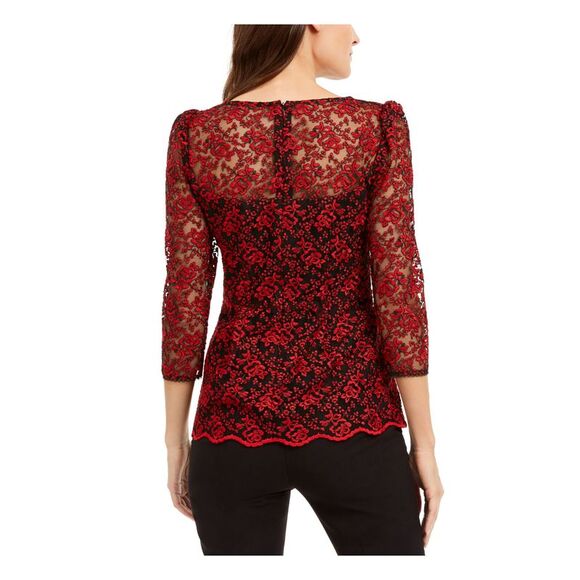 NANETTE LEPORE Womens Red Sheer Floral 3/4 Sleeve V Neck Top Size: 12 - Picture 2 of 4